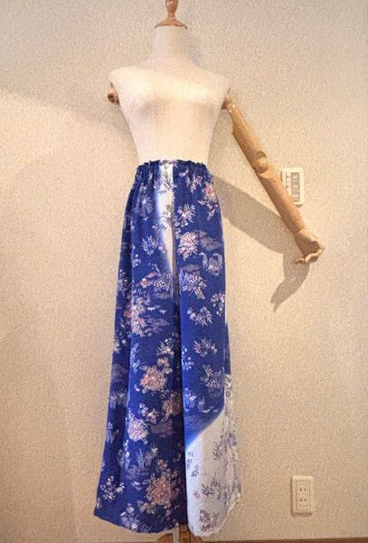 着物リメイク 訪問着 正絹 パンツ ワイド ♪★鬼シボ 暈し染 花 花車紋様 ★ 別販売のチュニックワンピースセットアップ♪