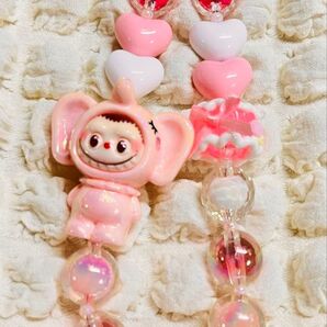 ゾウさん ラブブ付きビーズストラップ ピンク ハンドメイド