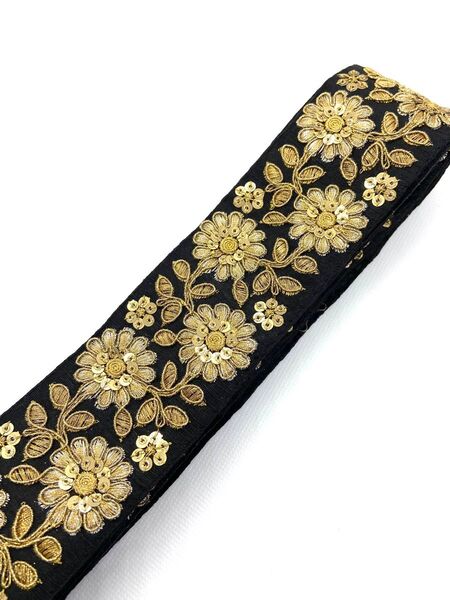 ★在庫残り僅か★ インド刺繍リボン インド刺繍 約2m ハンドメイド 手芸 パーツ 花 金糸 ゴールド