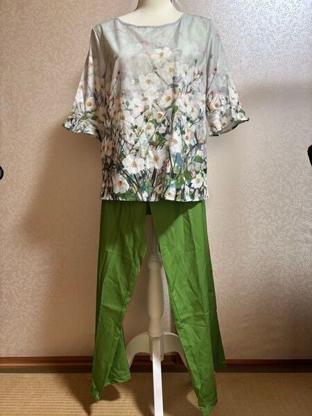 女性用春夏 カジュアル花柄プリント半袖トップ&ルーズワイドレッグパンツ -グリーン-(ウエストゴム付き)