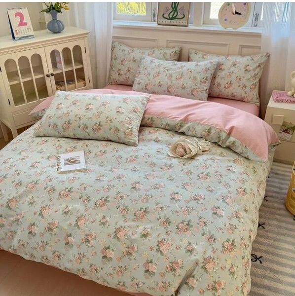 新品★パステル薔薇ブーケ綿100%シングル掛け布団カバー枕カバー3点セット パステルイエローパステルミント サーモンピンク