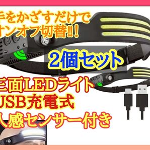 【即日発送】USB充電式 ヘッドライト 人感センサー LEDライト 登山 キャンプ 夜釣り ナイトハイク ヘルメットライト 2個