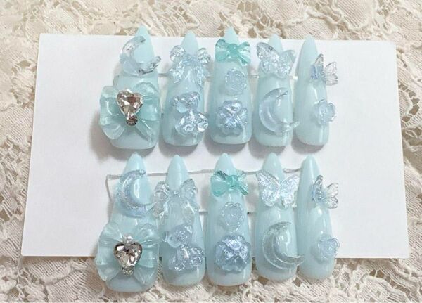 ネイルチップ 水色 ゴテゴテ 量産型 韓国 ワンホン