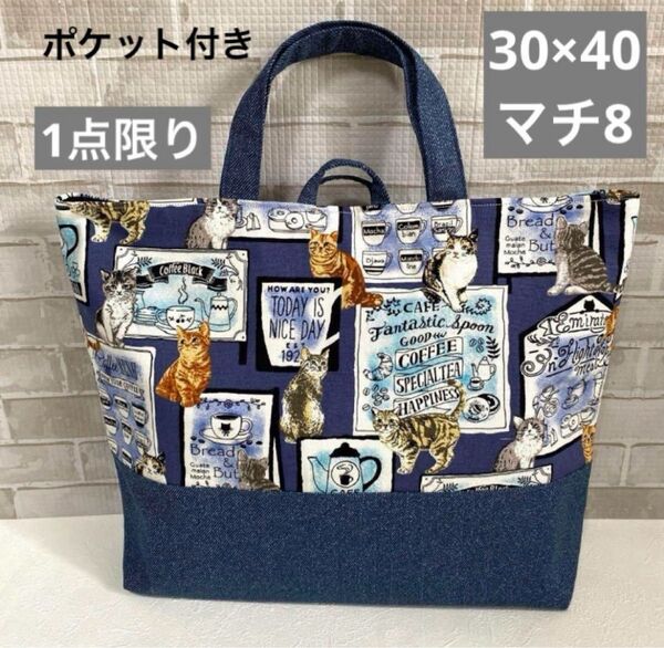 カフェネコ柄のレッスンバッグ ハンドメイド 男の子 女の子 絵本バッグ サブバッグ お稽古バック 猫 入園入学準備