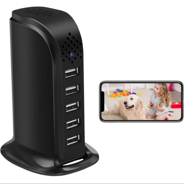 USBコンセント タワー式 防犯カメラ wifiカメラ スマホ対応 リアルタイム遠隔操作可能 動体検知 警報通知 128GB対応