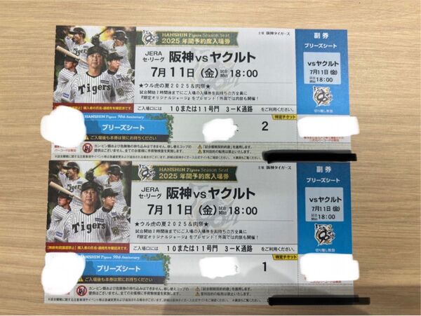 2025年7月11日(金)阪神vsヤクルトブリーズシート チケット2枚