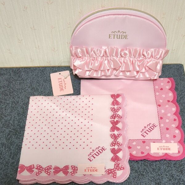 ETUDE ポーチ&ハンカチ3点セット ピンク