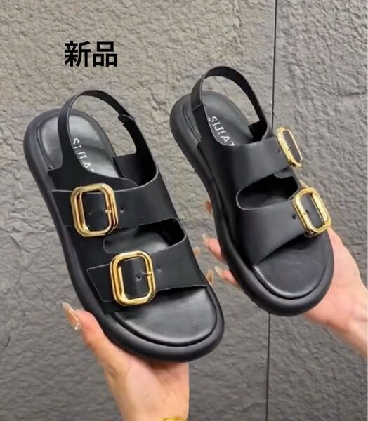 新品 38 黒のバックストラップ サンダル24.5 ダブル バックル Lサイズ