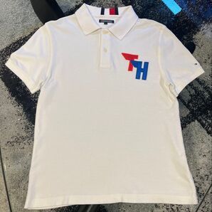 TOMMY HILFIGER トミーヒルフィガー 白色 半袖ポロシャツ ビッグロゴ Sサイズ(164)サイズ 鹿の子