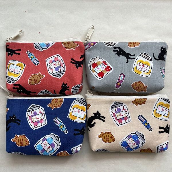 ☆カードサイズポーチ☆《黒ねこちゃんと駄菓子とたい焼き》アソート4色セット