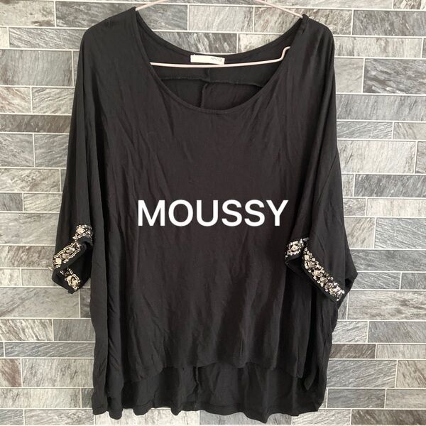 MOUSSY カットソー Tシャツ 黒 半袖 マウジー レーヨン100 トップス 黒 七分袖