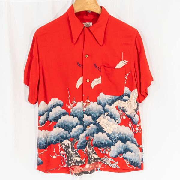 ☆美品☆DENIME 半袖アロハシャツ 和柄 鶴 松 ヴィンテージ レーヨン 日本製 ハワイアン Mサイズ メンズ