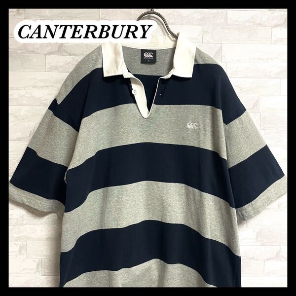 【CANTERBURY 】カンタベリー ワンポイント刺繍 半袖ポロシャツ メンズ XLサイズ ラガーシャツ ボーダー ラグビー
