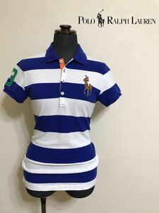 【美品】 Polo Ralph Lauren ポロ ラルフローレン レディース ビッグポニー ボーダー 鹿の子 ポロシャツ トップス サイズM 半袖 青白