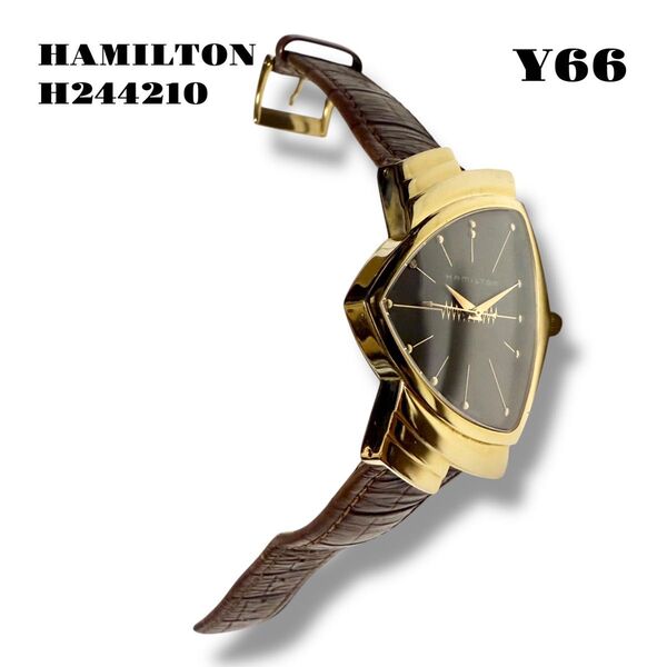 ★限定出品★ HAMILTON ハミルトン H244210 純正 茶革 ゴールド レザー クォーツ 金 黒文字盤 ウォッチ 腕時計