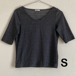 Sサイズ Vネック トップス Tシャツ カットソー ラメ グレー 半袖