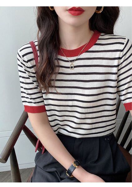 ☆サマーニット☆ボーダー☆Tシャツ☆半袖セーター☆トップス☆レッド 赤