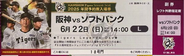 6月22日 阪神 VS ソフトバンク レフト外野指定席1枚