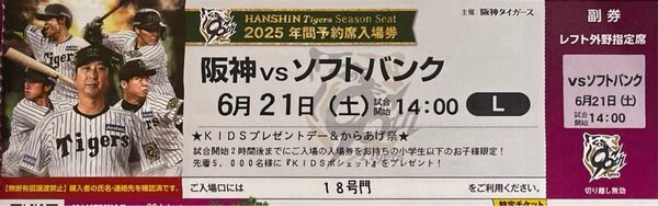 6月21日(土) 阪神 VS ソフトバンク レフト外野指定席1枚