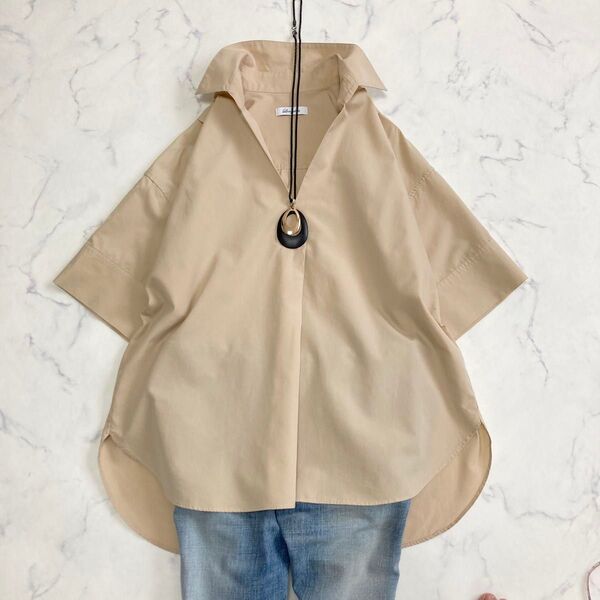 ラウンジドレス Loungedress コットンスキッパーシャツ ベージュ 半袖