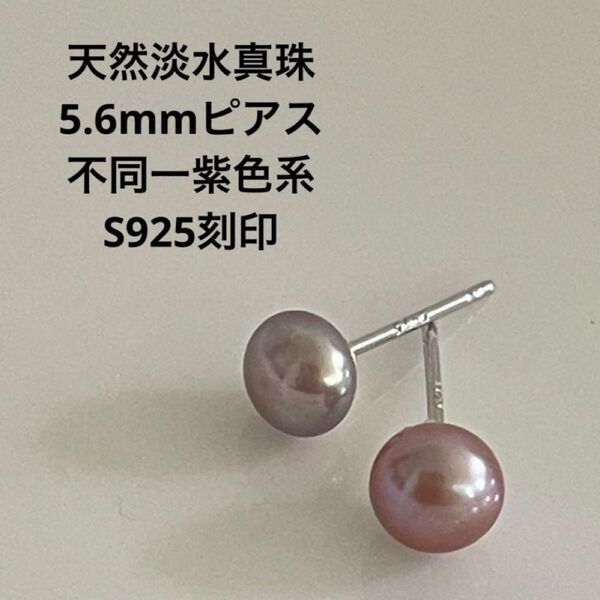 新品☆No.8天然淡水真珠5.6mm、不同一紫系真珠スタッドピアスS925刻印