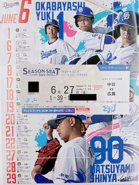 中日ドラゴンズ主催 バンテリンドームナゴヤ 6/27(金) 広島東洋カープ戦 内野B 3塁側 1席 バリューゲーム