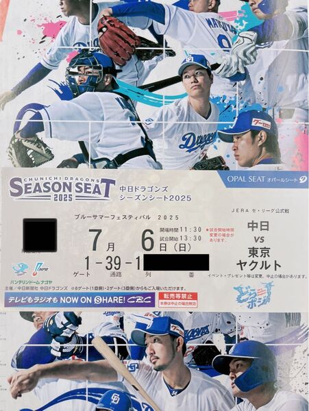中日ドラゴンズ主催 バンテリンドームナゴヤ 7/6 (日) 東京ヤクルトスワローズ戦 内野B 3塁側 1席