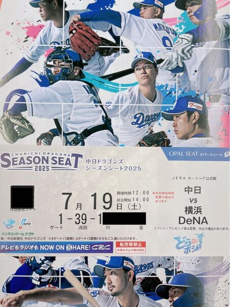 中日ドラゴンズ主催 バンテリンドームナゴヤ 7/19 (土) 横浜DeNAベイスターズ戦 内野B 3塁側 1席