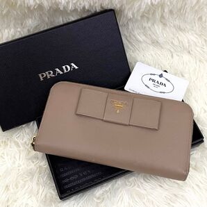PRADA プラダ サフィアーノレザー リボン ラウンドファスナー 長財布 ベージュ系