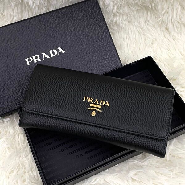 【極美品】PRADA プラダ サフィアーノレザー 二つ折り 長財布 ウォレット レディース ブラック系