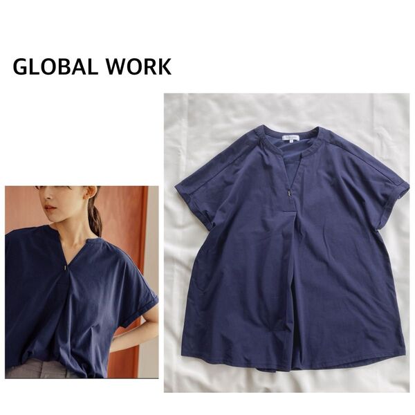 GLOBAL WORK スキッパープルオーバー M ネイビー 半袖 Tシャツ グローバルワーク トップス 紺