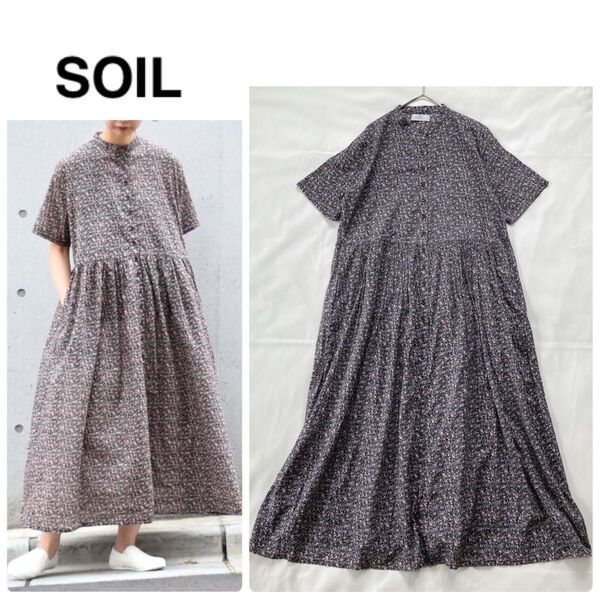 美品*ソイル soil スモールフラワープリント バンドカラーワンピース 半袖 大人可愛い 花柄 ワンピース F ロング