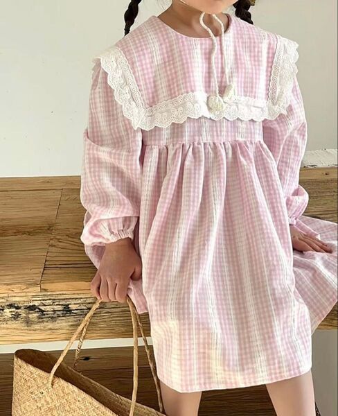 aiai ピンクチェック長袖ワンピース セーラー襟 レース襟 子供服 女の子