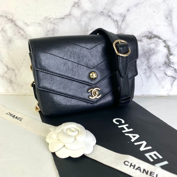 【最終処分SALE】CHANEL シャネル Wフラップ ラムスキン ショルダー ブラック A-6986
