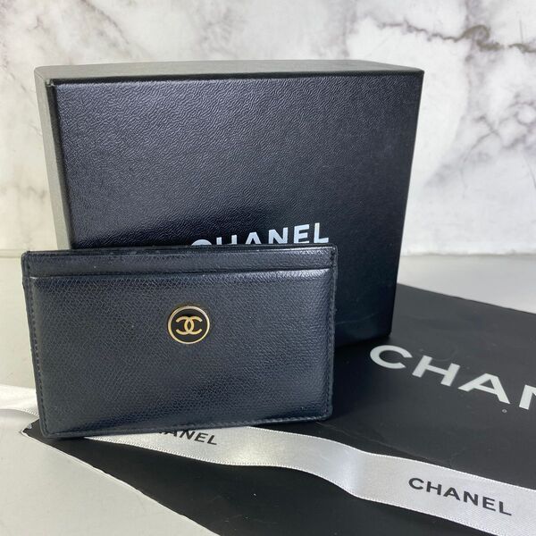 CHANEL シャネル ココマーク ココボタン キャビアスキン カードケース ブラック A-7155