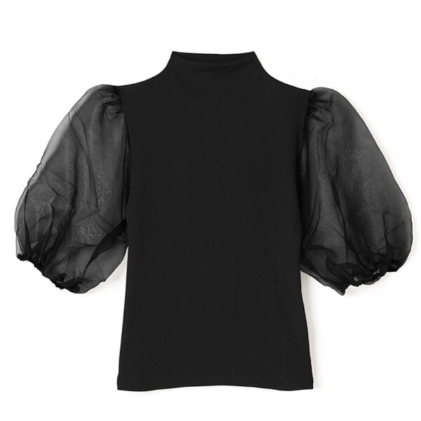 GRL グレイル シースルーパフスリーブハイネックサマーニットトップス ブラック 半袖 M