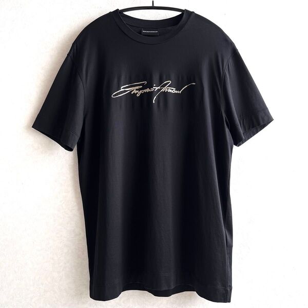 EMPORIO ARMANI【美品】刺繍ブランドロゴ Tシャツ 半袖 カットソー 黒 ブラック XL エンポリオアルマーニ