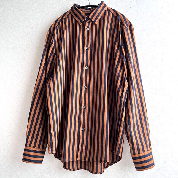 H&M【美品】メンズ シャツ トップス 長袖 ストライプ柄 ネイビー 紺 オレンジ 綿100% コットン エイチアンドエム