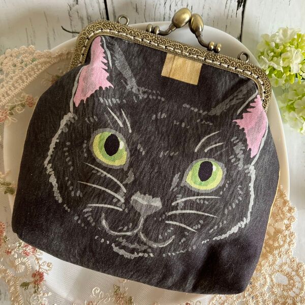 黒猫 がま口ポーチ ハンドメイド