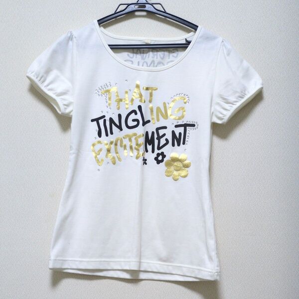 半袖 Tシャツ プリント 白系 Mサイズ クルーネック 英字 ビーズ お花