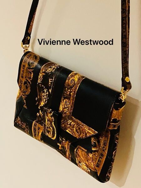 【美品】Vivienne Westwood ヴィヴィアンウエストウッド ショルダー/クラッチバッグ 黒×ゴールド 額縁柄 ヤギ革