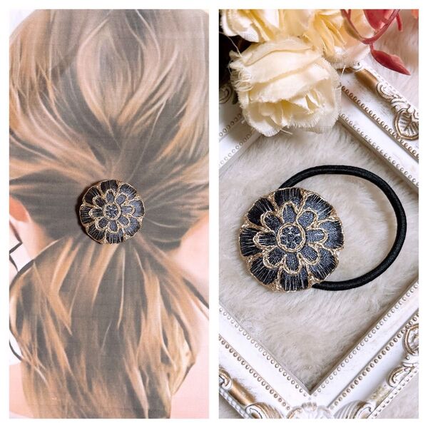 インド刺繍リボン ヘアゴム ポニーフック ブローチ くるみボタン