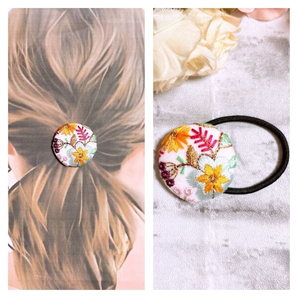 インド刺繍リボン ヘアゴム ポニーフック ブローチ くるみボタン