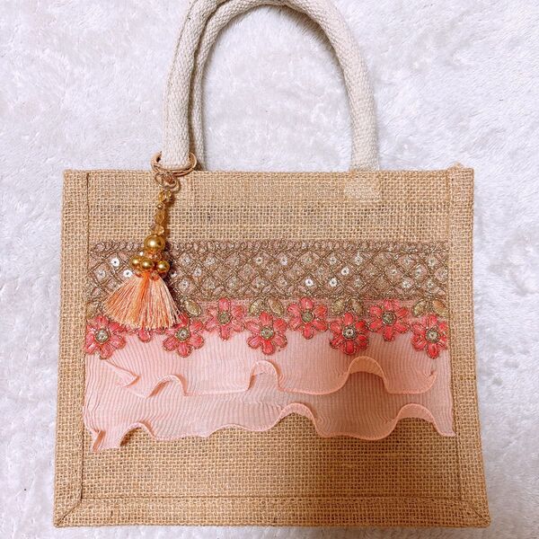 い トートバッグ かごバッグ インド刺繍リボン ジュートバッグ