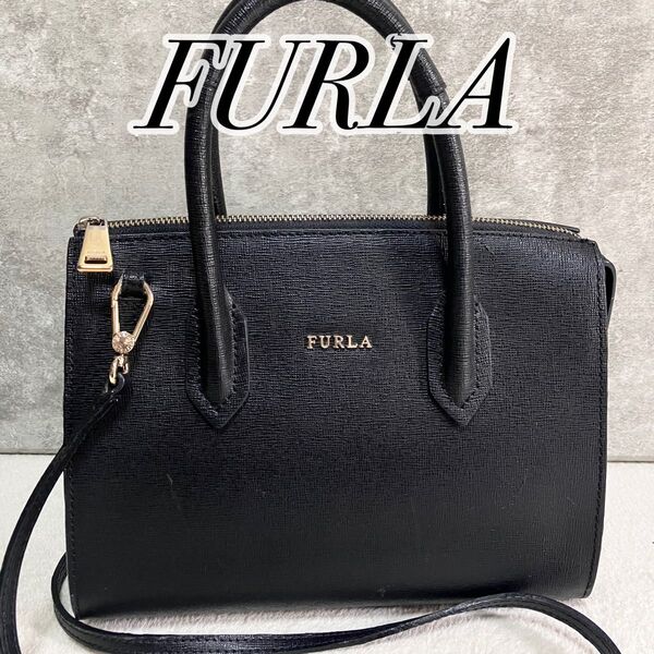 美品 FURLA フルラ ピン 2way ハンドバッグ ショルダーバッグ サフィアーノレザー ブラック ロゴ金具 斜め掛け