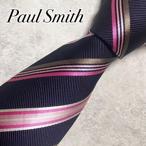 【美品】 Paul Smith ポールスミス ネクタイ シルク レジメンタル ストライプ ピンク ネイビー