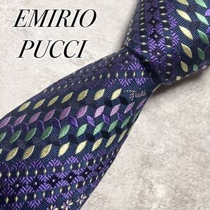 未使用に近い EMIRIO PUCCI エミリオプッチ ネクタイ シルク 総柄 ジャガード織 パープル系 マルチカラー イタリア製
