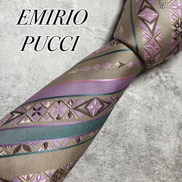 【未使用に近い】 EMIRIO PUCCI エミリオプッチ ネクタイ シルク 総柄 レジメンタル ストライプ ジャガード織 肉厚