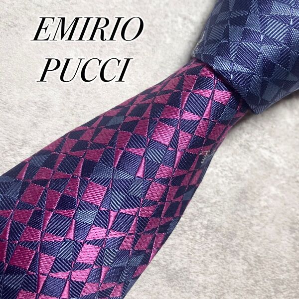 【極美品】 EMIRIO PUCCI エミリオプッチ ネクタイ シルク 総柄 ジャガード織 光沢感 イタリア製 ブルー × ピンク