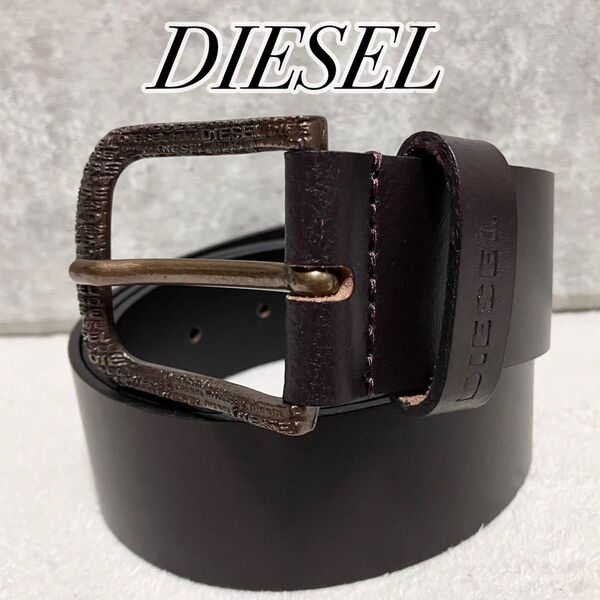 【未使用級】 DIESEL ディーゼル ベルト 95/38 レザー 牛革 ダークブラウン ロゴバックル ロゴ金具